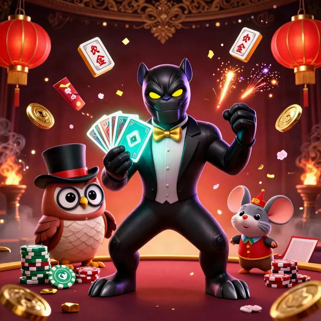 Panther, owl, and mouse casino heroes amid lanterns, coins, petals, and glowing chips.
