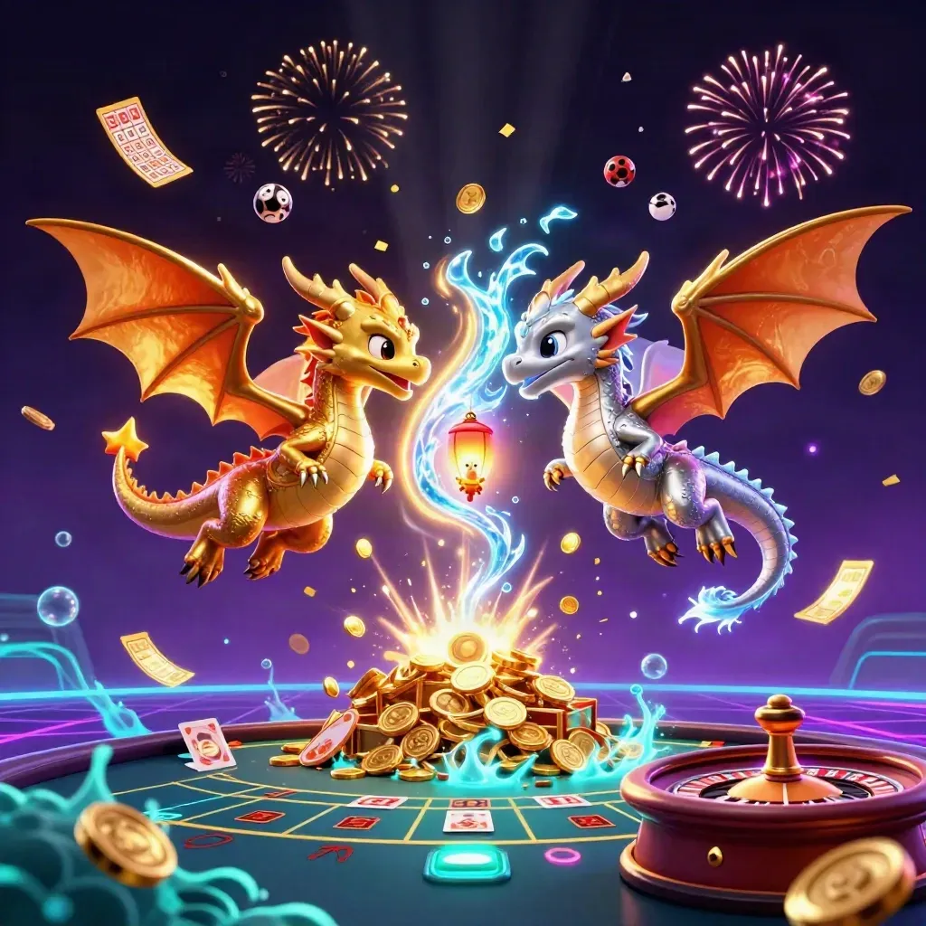 Twin gold and silver dragons spiral through casino treasure with coins, wheels, and neon light.