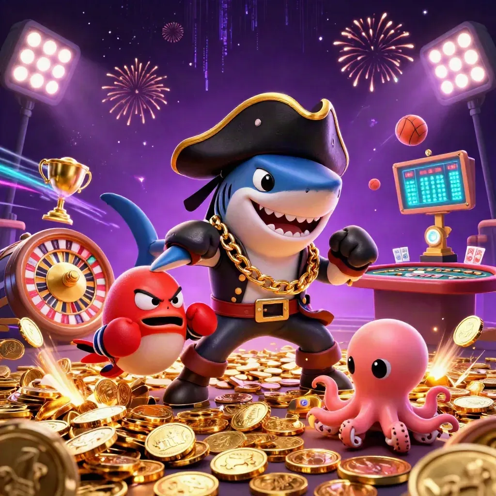 Pirate shark, boxing pufferfish and juggling octopus amid coins, roulette wheel and casino fireworks.