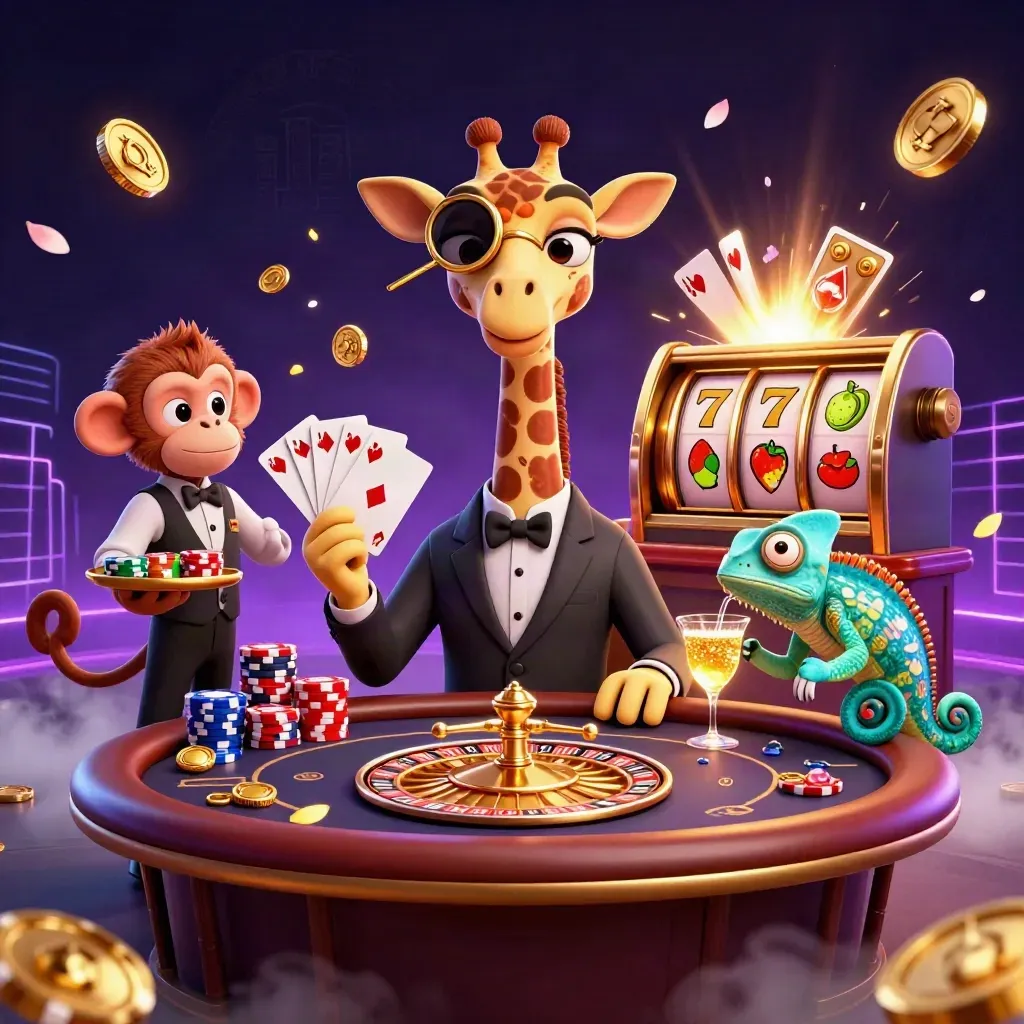 Giraffe high roller, monkey valet and chameleon bartender amid glowing chips, coins and slot reels.