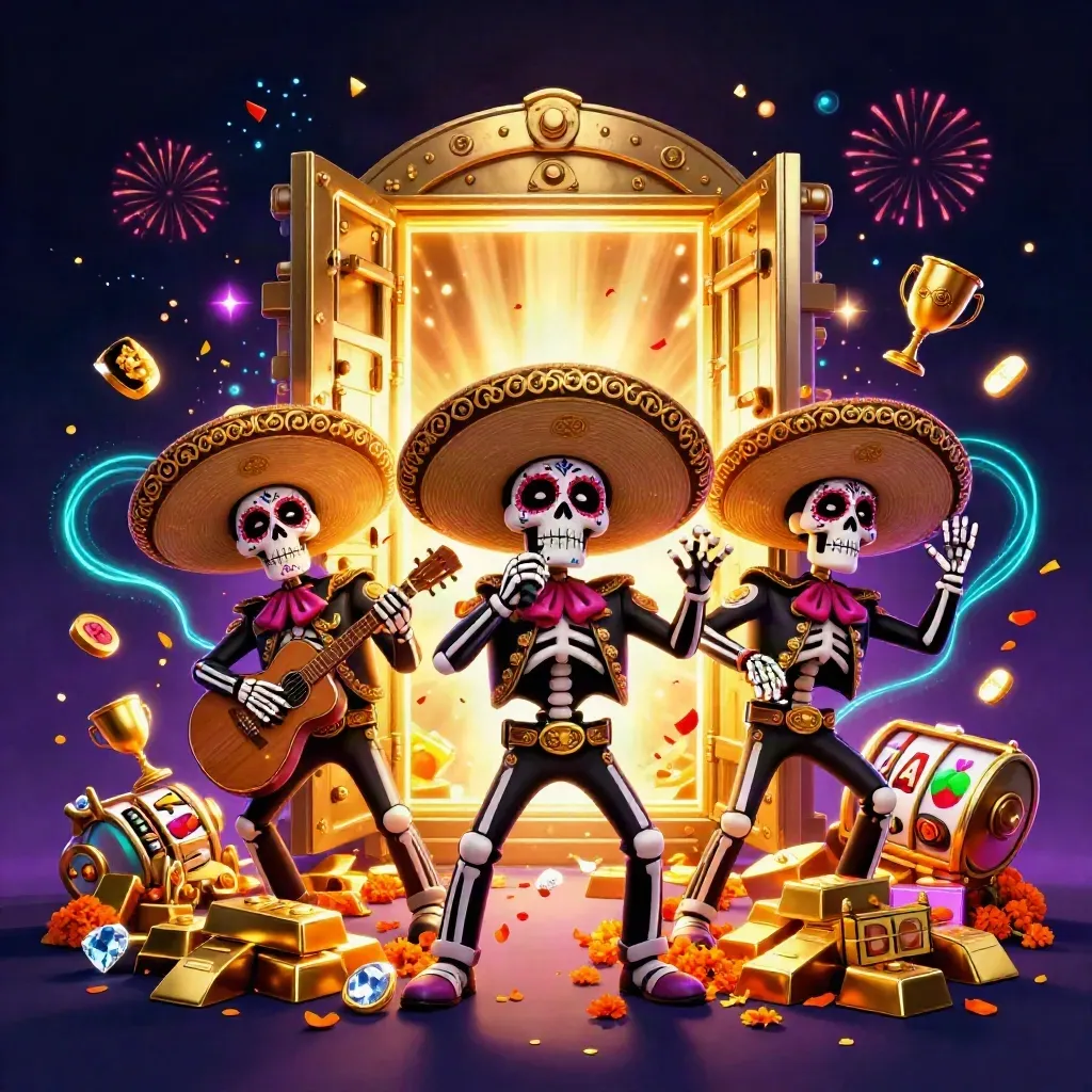 Day-of-the-Dead mariachi skeleton trio with vault door, gold, neon sparks, and casino reels