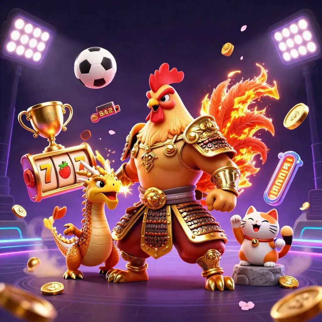 Rooster warrior, dragon hatchling and fortune cat amid casino lights, coins and neon sparks.