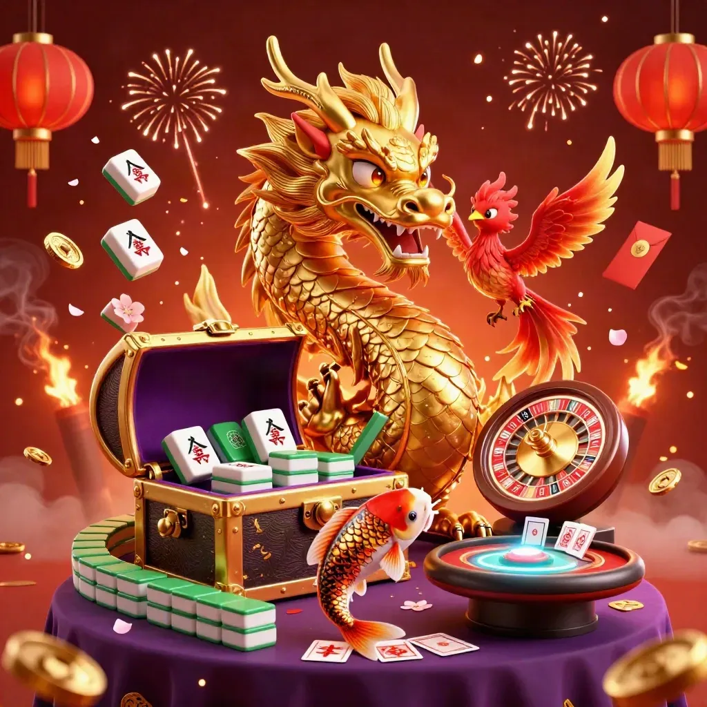 Golden dragon with phoenix and koi amid casino treasures and neon sparks