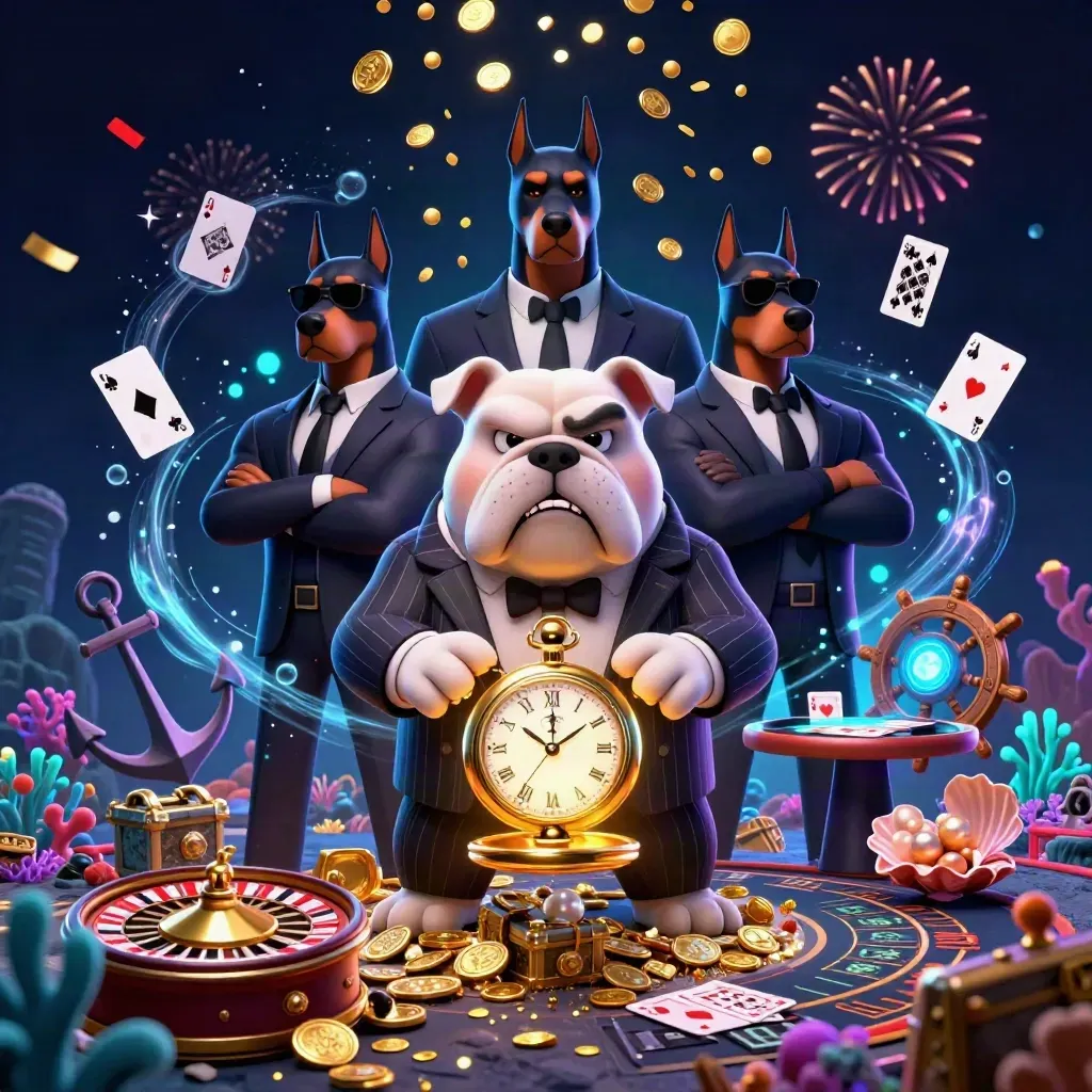 Bulldog boss with two Dobermans amid treasure cove, coins, cards, roulette wheel, neon casino glow.