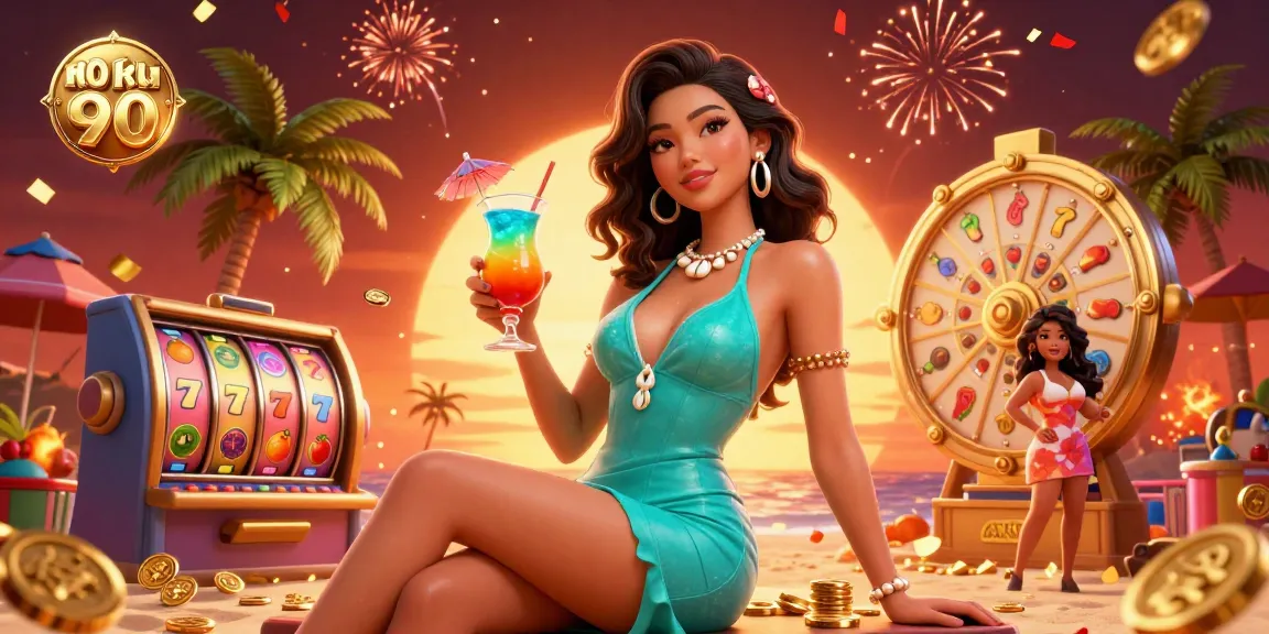 No hu 90 showcases vibrant slot games with a stunning Asian woman celebrating at a beach casino resort.