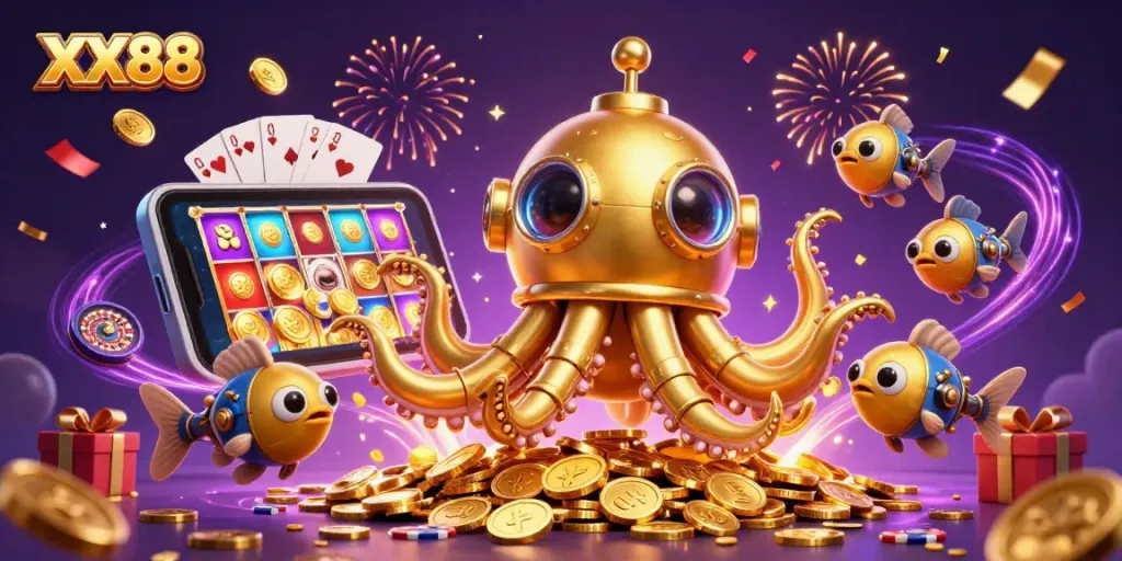 Experience thrilling gameplay with XX88's golden kraken submarine amidst a sea of coins.