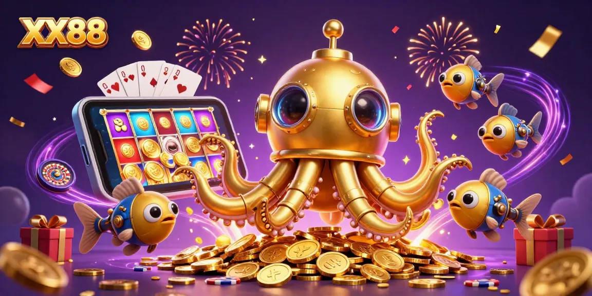 Experience thrilling gameplay with XX88's golden kraken submarine amidst a sea of coins.