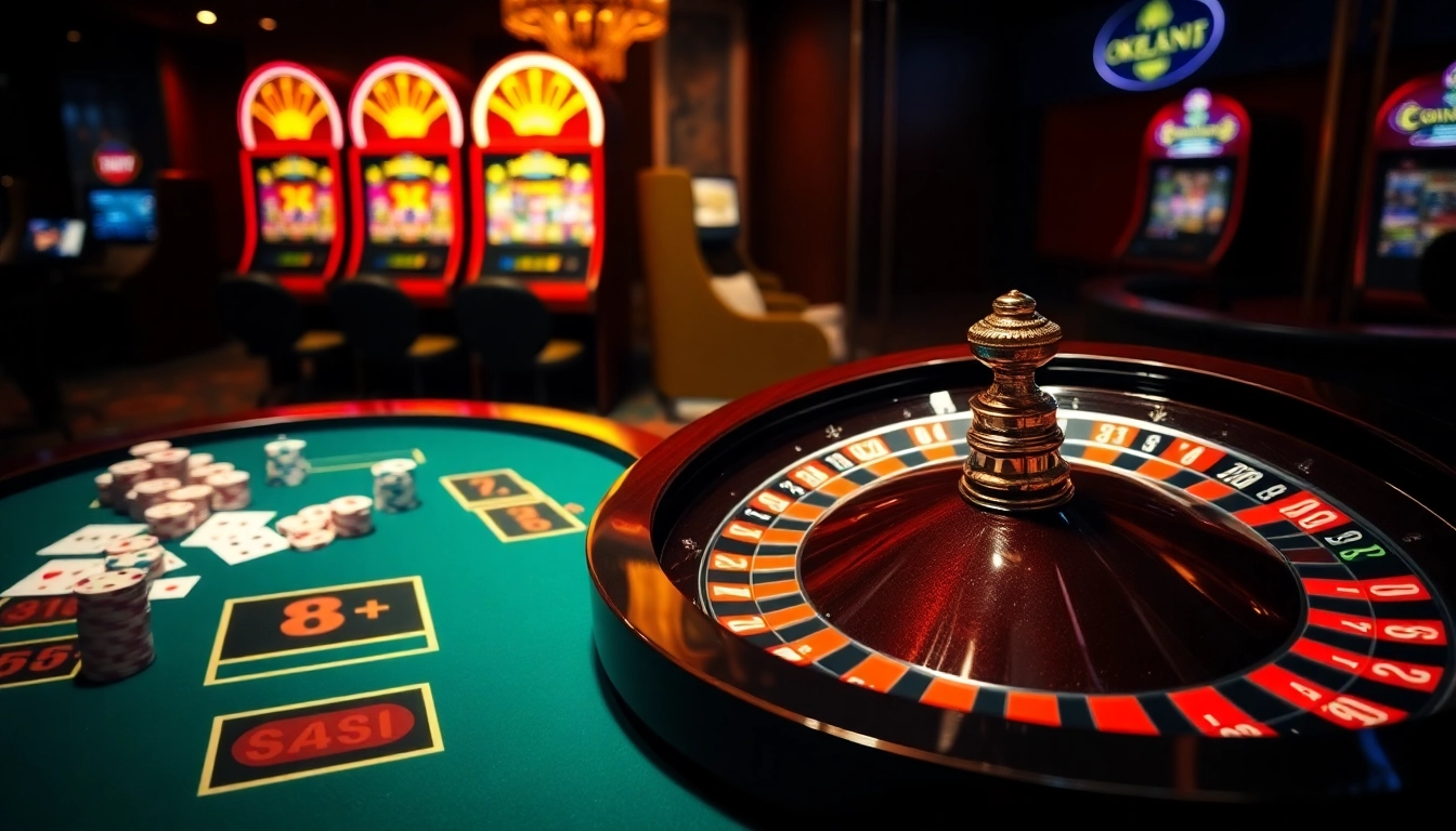 Experience the thrill of gambling at ok365.com with a lavish casino scene featuring roulette, poker, and slot machines.