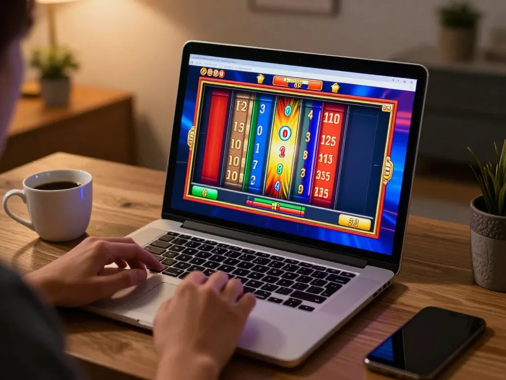 Engaging in online gaming at SHBET with vibrant slot game interface on laptop