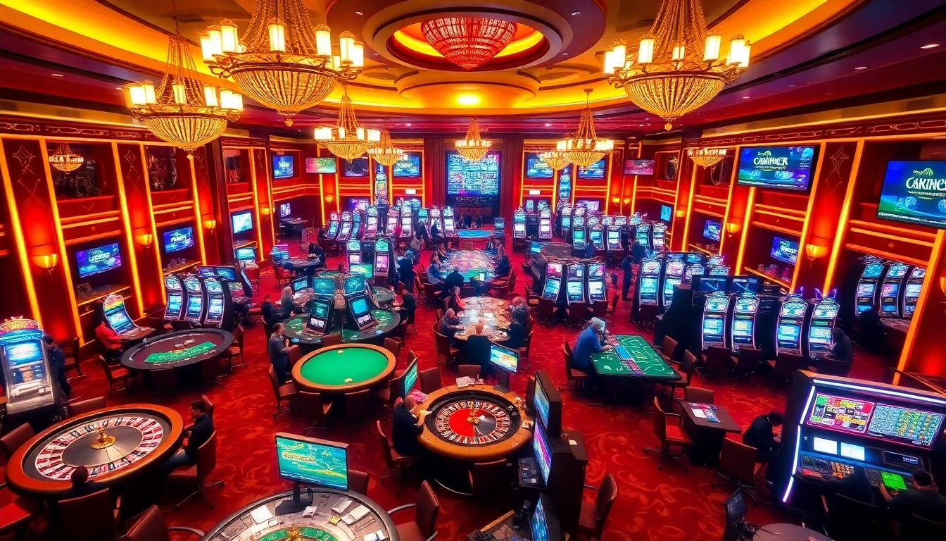 Dynamic gaming scene at https://okwin.de.com/ featuring players engaging at casino tables and slot machines.
