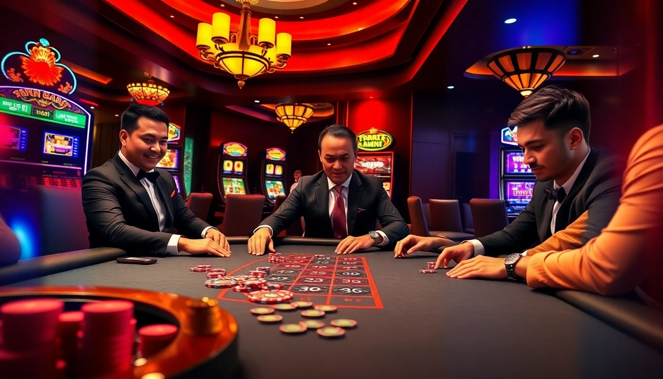 Engaged players at a high-stakes poker game in a luxurious CM88 COM casino setting.