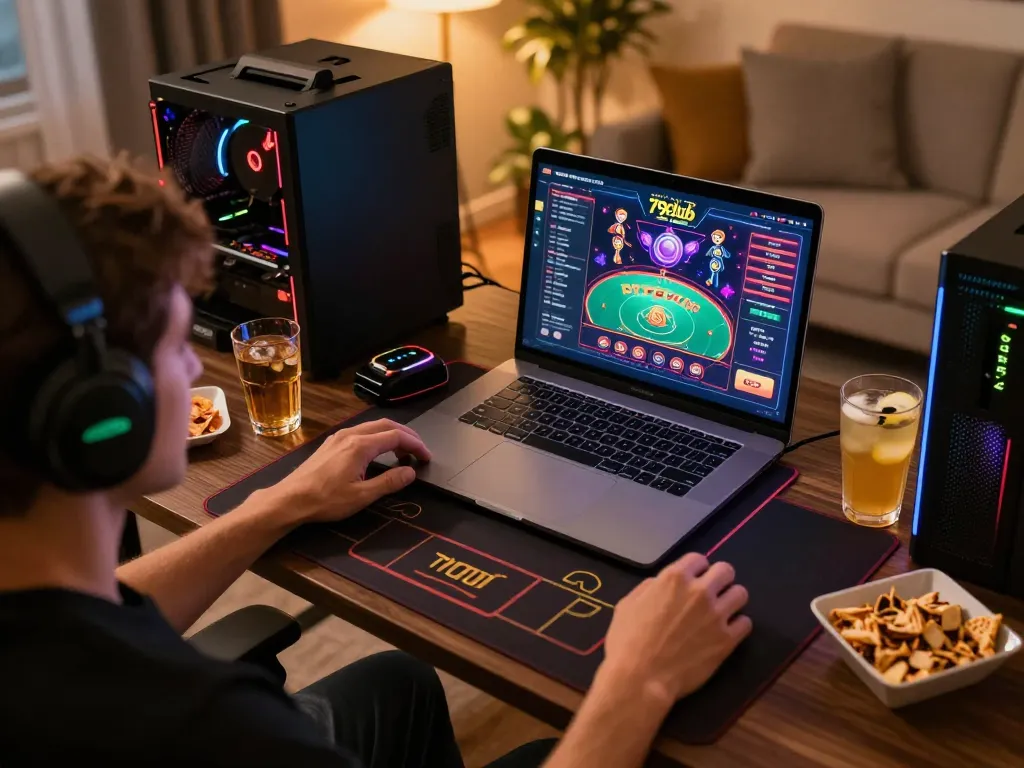 Engaging online gaming scene with 79club interface on a stylish laptop, showcasing comfortable atmosphere for strategic play.