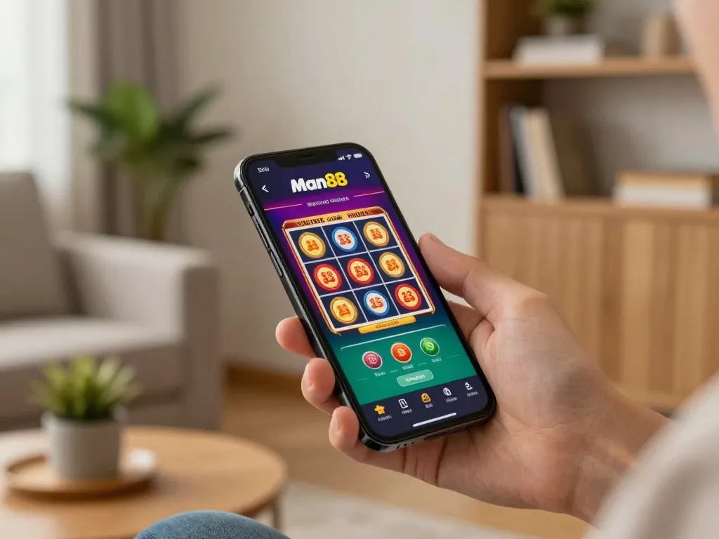 Engaging with the man88 casino app on a smartphone, showcasing exciting mobile gambling.