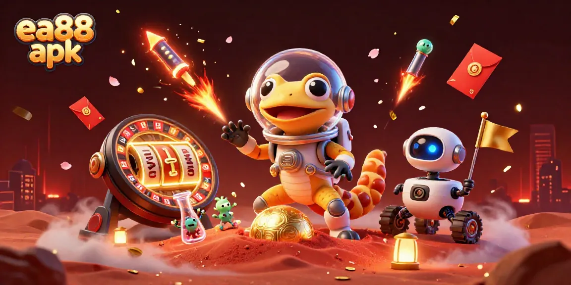 Experience the exciting ea88 apk in a vibrant 3D Martian casino scene featuring a cheering gecko and alien characters.