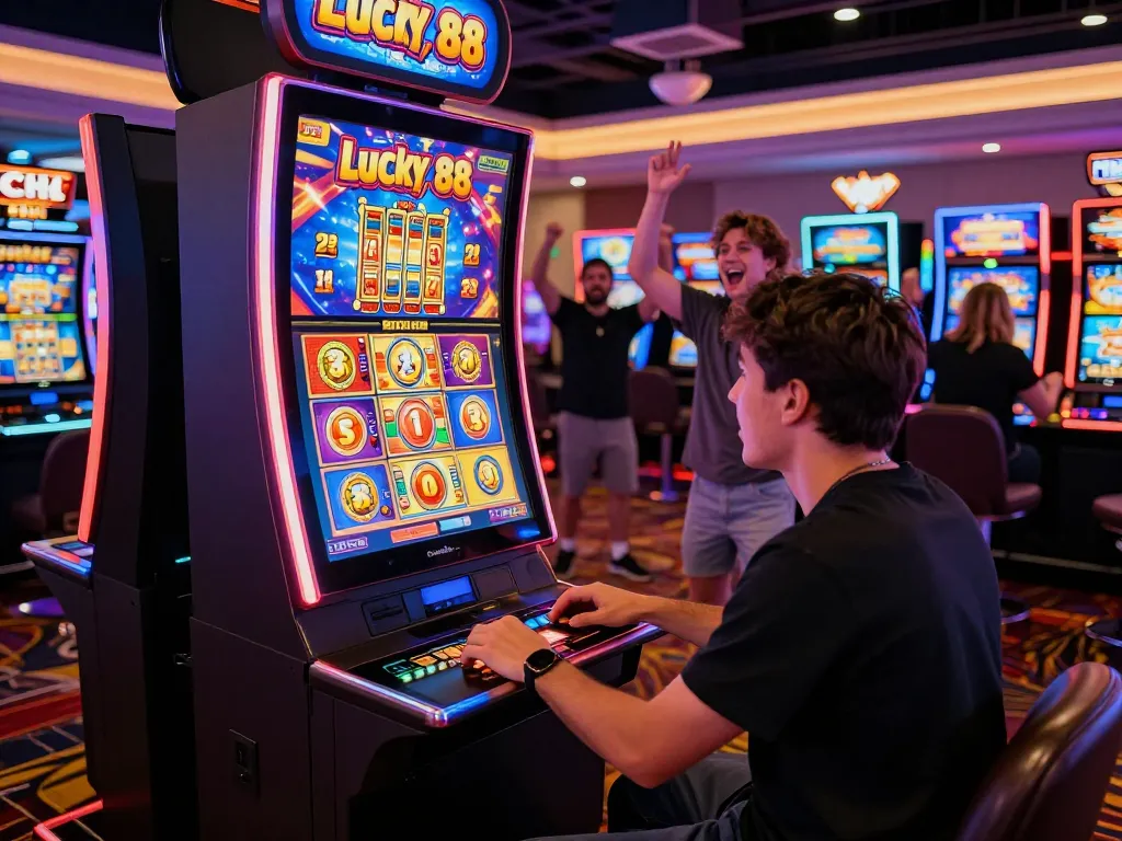A dynamic casino scene capturing a player enjoying the Lucky 88 slot machine amidst vibrant lights and excitement.