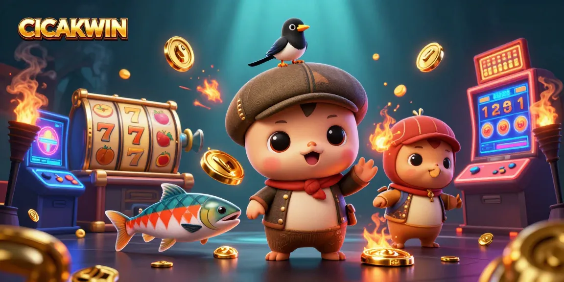 CICAKWIN engages players with lively slot reels and entertaining characters in a casino-inspired scene.