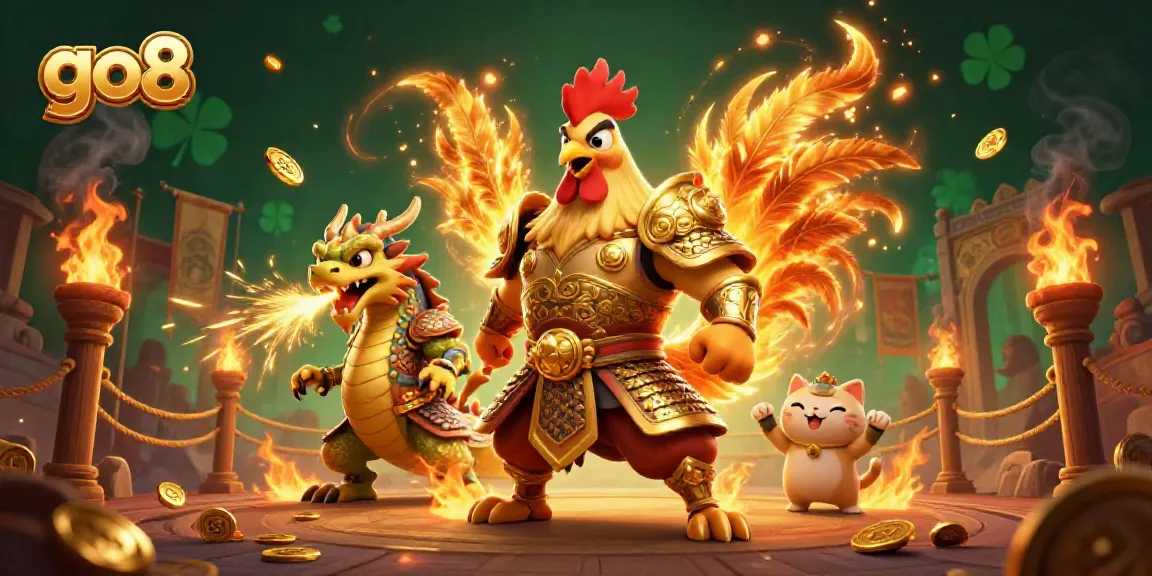 Experience the thrill of go8 gaming with an epic scene featuring a rooster warrior and dragon, embodying the spirit of competition.