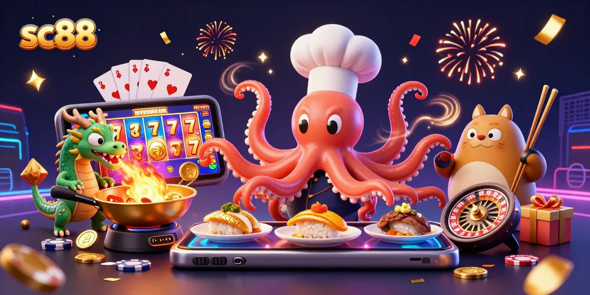 Engage with sc88's thrilling slot games, featuring a cartoon octopus chef and dynamic casino elements.