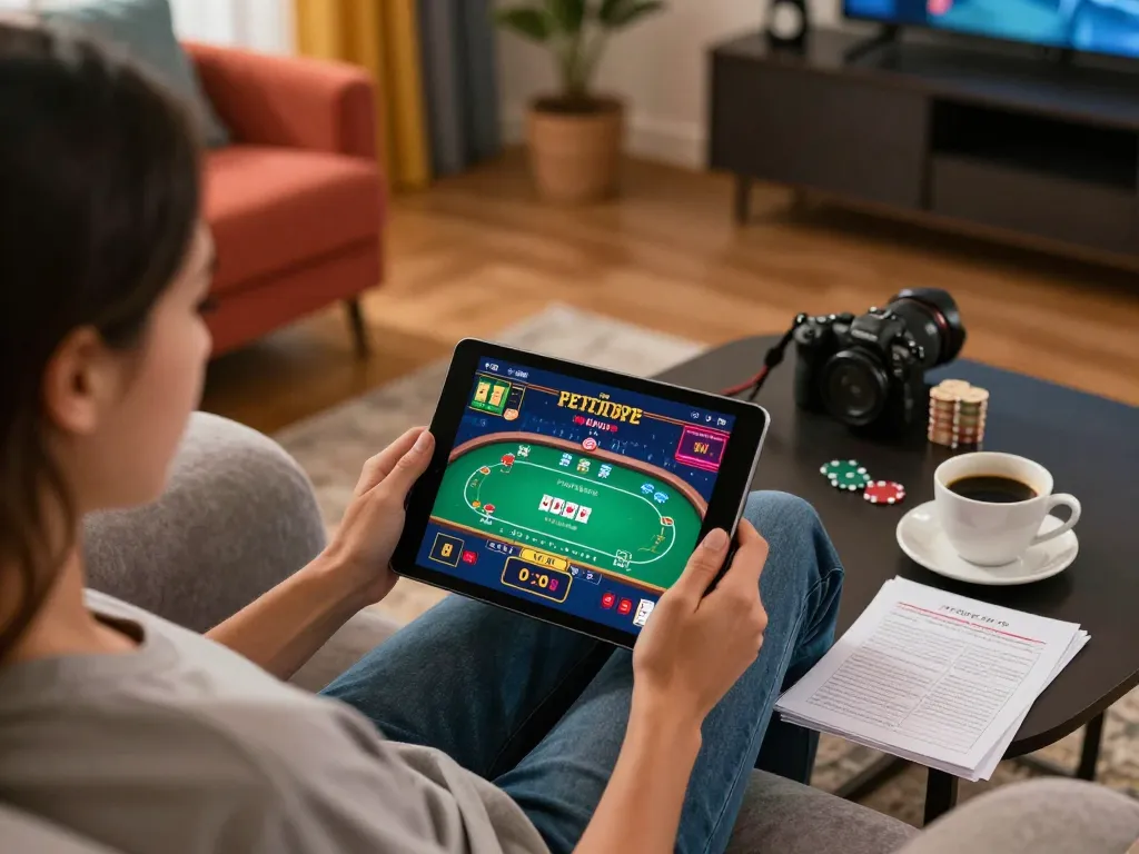 Player engaging with MM88 online games on tablet in cozy living room atmosphere.