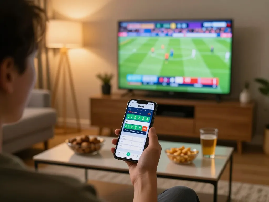 SBOBET app being used for live sports betting in a cozy home setting