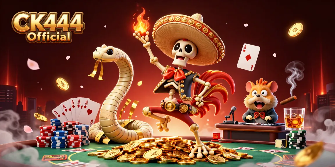 Play and win at CK444 Official with a vibrant casino scene featuring exciting characters and rich elements.