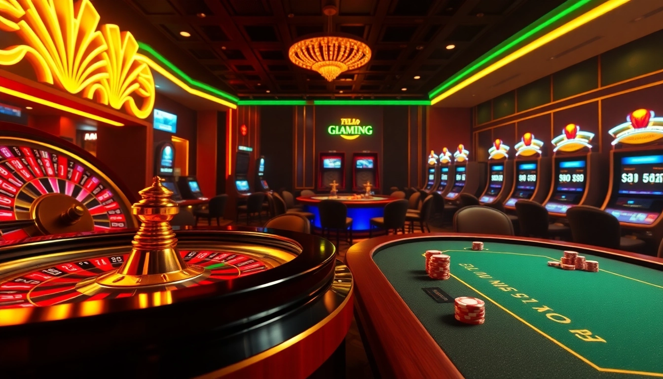 An exhilarating gambling scene at https://23win1.it.com featuring a roulette wheel, poker table, and vibrant slot machines.
