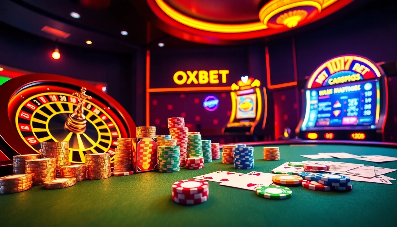 Engage in thrilling OXBET casino experiences with vibrant tables, roulette, and poker chips.
