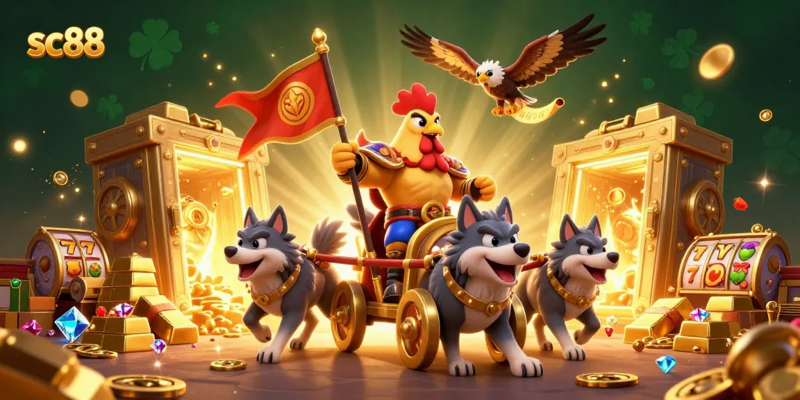 Experience sc88's thrilling slots with a 3D cartoon rooster warlord in an elaborate casino scene.