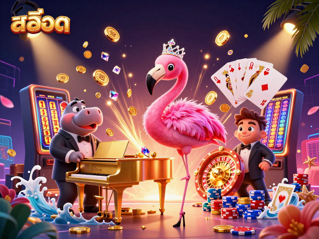 Experience the excitement of สล็อต with vibrant characters and dynamic casino elements in a lively 3D illustration.