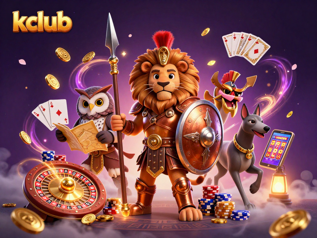 Kclub offers an exciting 3D casino experience with a Spartan lion, tactical owl, and swift greyhound amid vibrant gaming elements.
