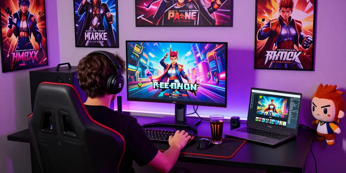 Engaging gaming setup showcasing free hentai games on a vibrant display, complete with colorful character artwork and gaming accessories.