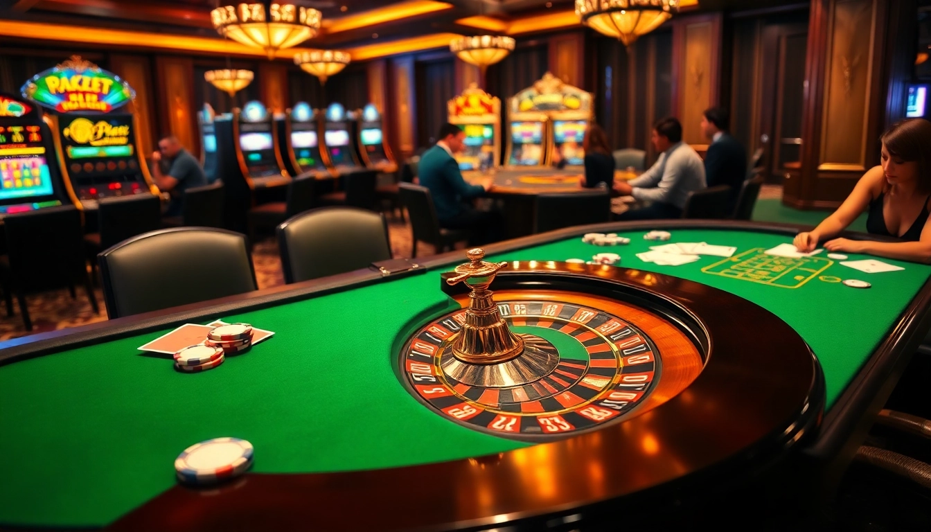 Experience thrilling gaming at https://f1686s.com/ with a luxurious casino scene featuring roulette and poker action.