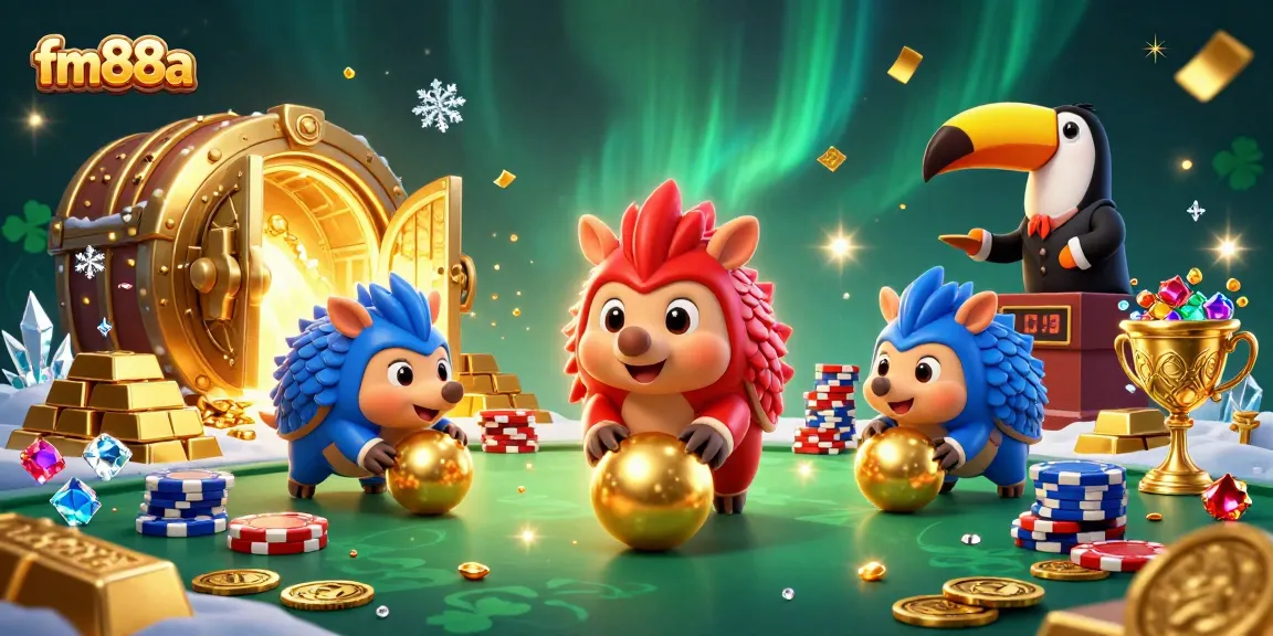 Compete at FM88a with pangolins bowling through poker chips in a vibrant 3D casino world.