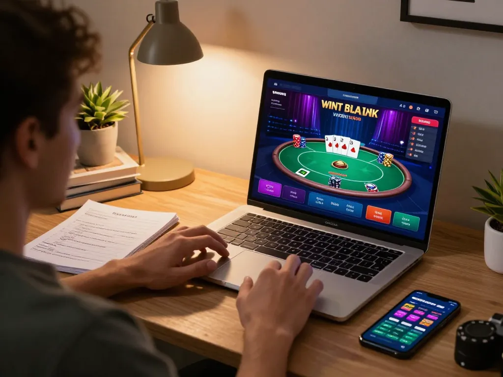 Engaged player strategizing on vipwin with laptop in cozy home setting.