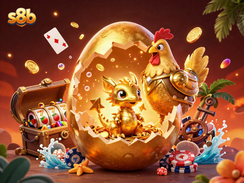 s8b showcases a vibrant casino fantasy scene with a golden dragon and slot elements.