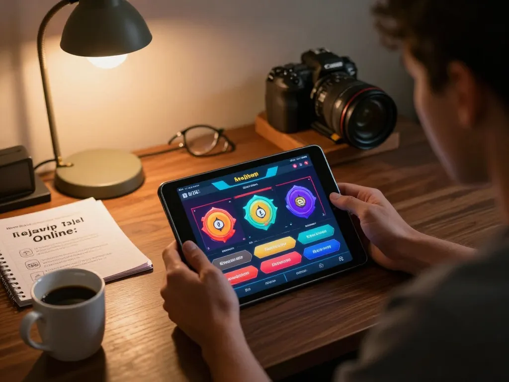 Terlibat dalam mejavip togel online di rumah, menampilkan antarmuka tablet yang cerah dan ruang kerja yang nyaman.