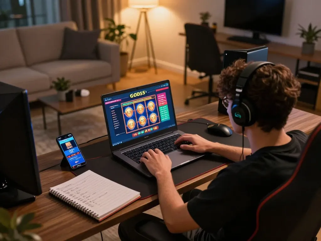 Engaging in online casino gaming at home with god55 platform on laptop, showcasing exciting gameplay