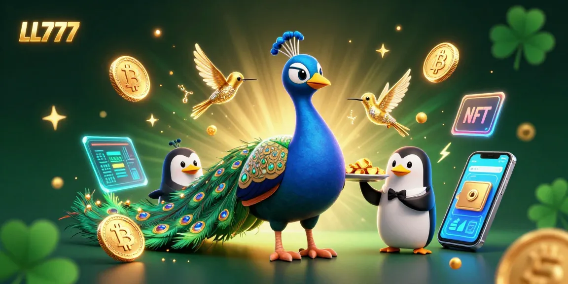 Engage with LL777's vibrant gaming world featuring a peacock and butler in a rich casino setting.