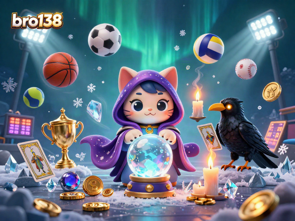 Experience the thrill of bro138 with a vibrant casino scene featuring animated characters, flying game elements, and mystical effects.