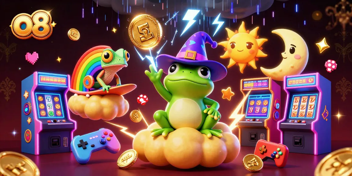 Win at o8 with a vibrant 3D illustration of a weather wizard frog and chameleon amid casino games.