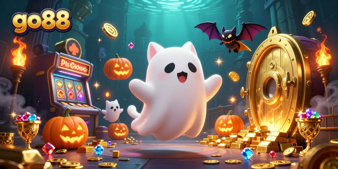 Experience the excitement of go88 with a ghost cat and vampire bat in a vibrant casino scene.