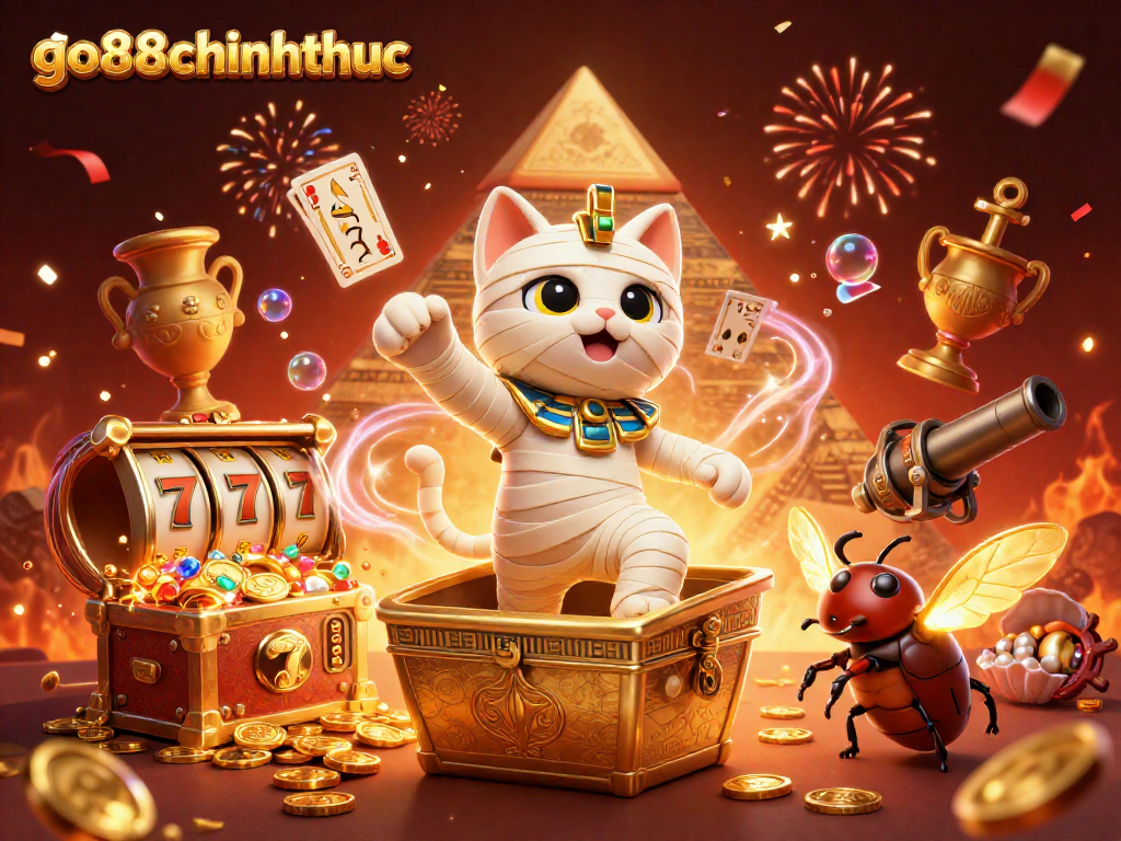 Engage with go88chinhthuc through this vibrant illustration featuring a mummy cat and rich casino elements.