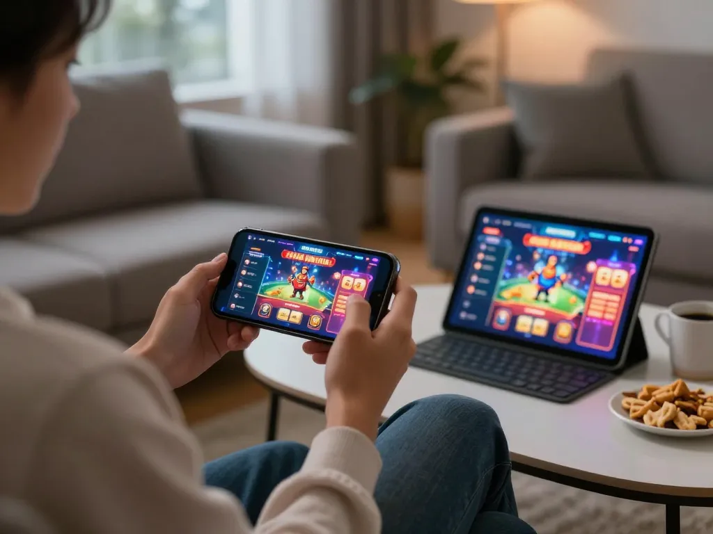 Engaging mobile play with a user enjoying 918Kaya games on a smartphone in a cozy home setting.