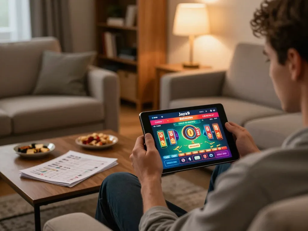 Player enjoying Jaya9 online casino on tablet, surrounded by gaming notes in a cozy home setting.