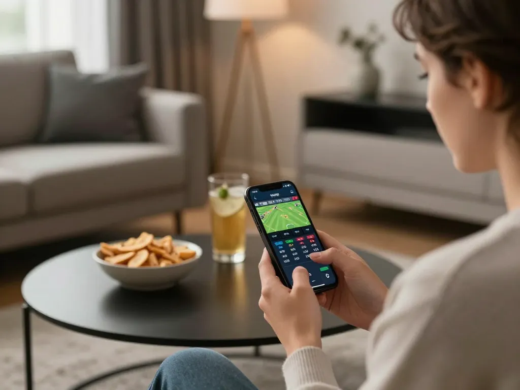 Engaging in sports betting on lu88. com with live odds displayed on smartphone in a cozy home setting.