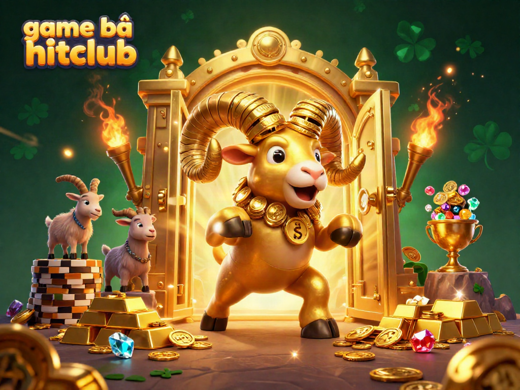 Experience the excitement of game bài hitclub featuring a dynamic golden ram charging through piles of treasure.