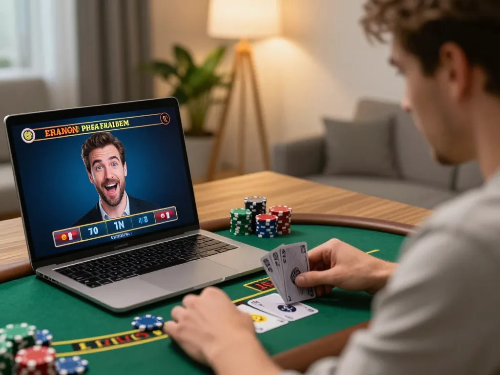 A player engages in an exciting blackjack game on their laptop in their cozy home, emphasizing mb 66.