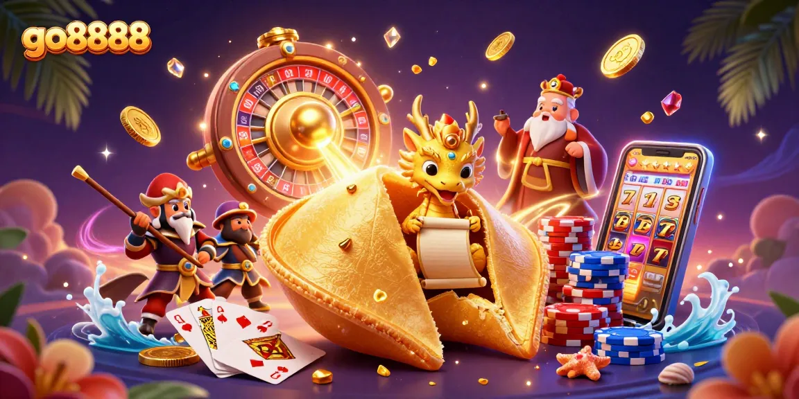 Win big at go8888 with an epic 3D casino illustration filled with dynamic gaming elements and magical characters.