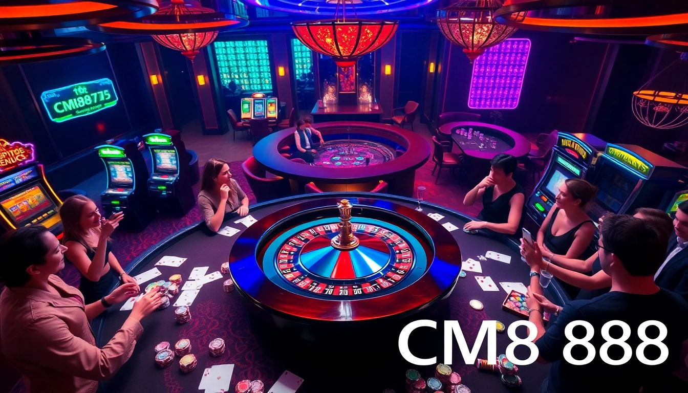 Experience the excitement of CM8888 gaming with vibrant poker chips and a roulette table.