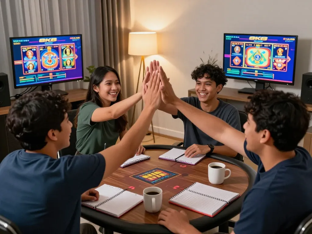 Filipino players celebrating a win at 8K8 online casino while enjoying a cozy home gaming atmosphere.